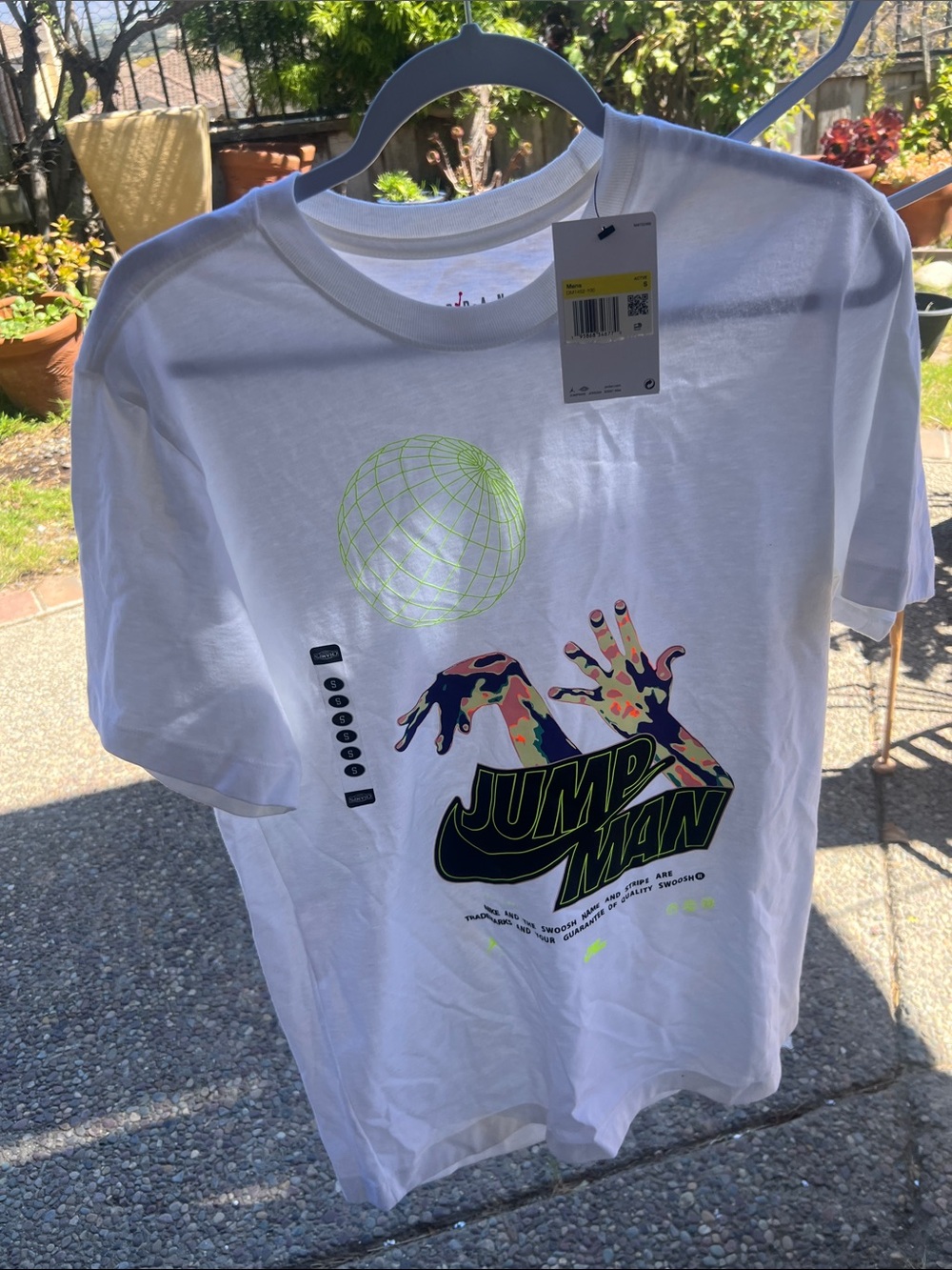 Nike White Short Sleeve Tee with Multicolor Graphic and Neon Green Globe